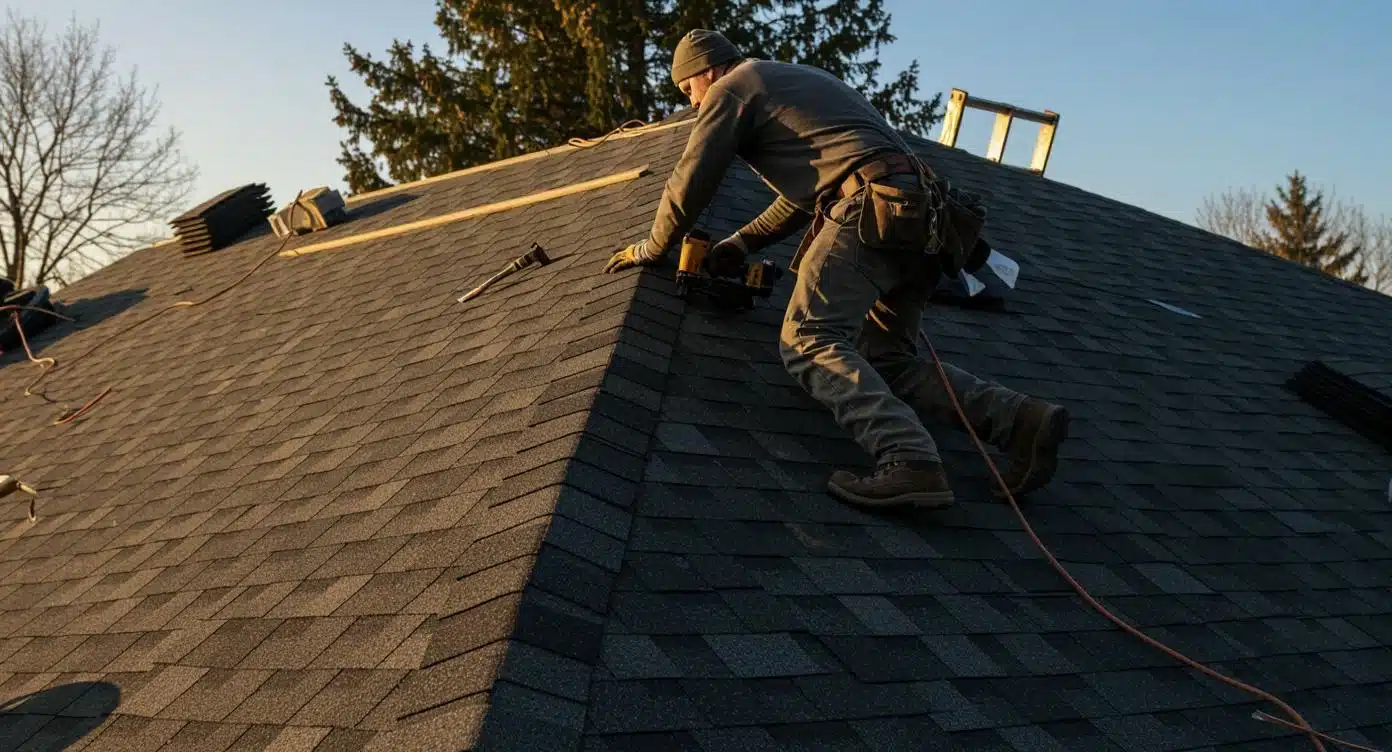 A person wearing work clothes installs asphalt shingles on a sloped roof, using tools and materials from Windsor Roofing, with trees visible in the background.