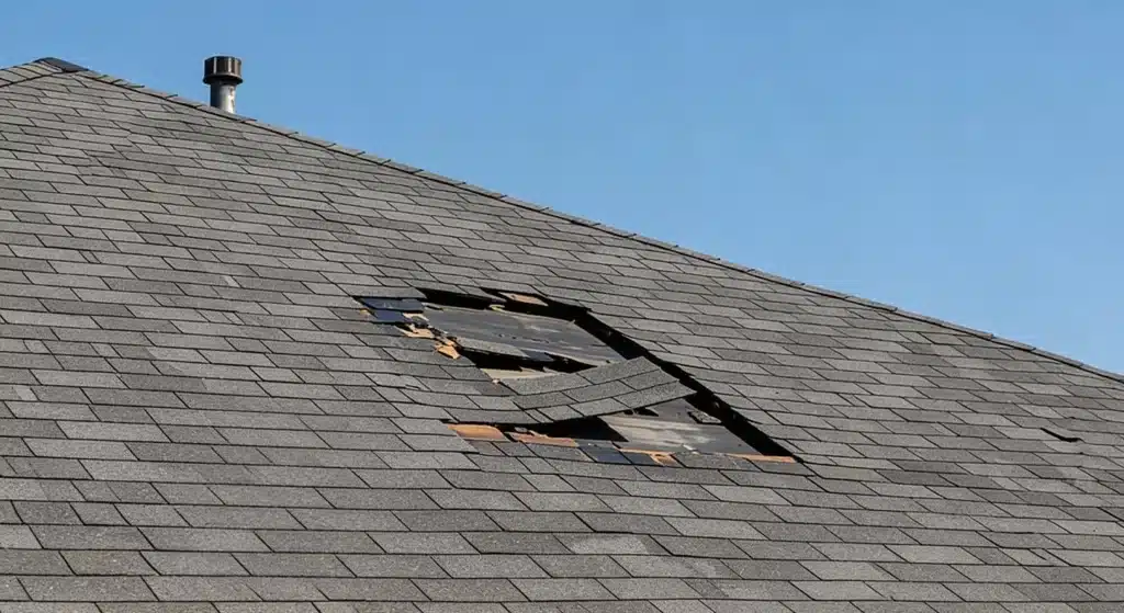 A house roof with a section of missing and damaged gray shingles, exposing the wooden underlayment, set against a clear blue sky—an issue Windsor roofing experts can help resolve.