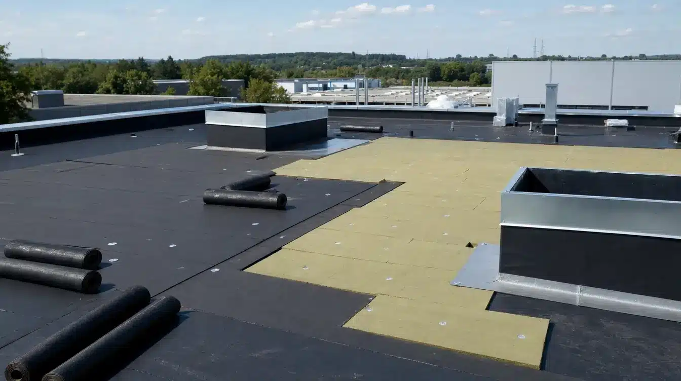 Industrial rooftop with black membrane partially covered by yellow insulation panels and rolled roofing materials laid out nearby.