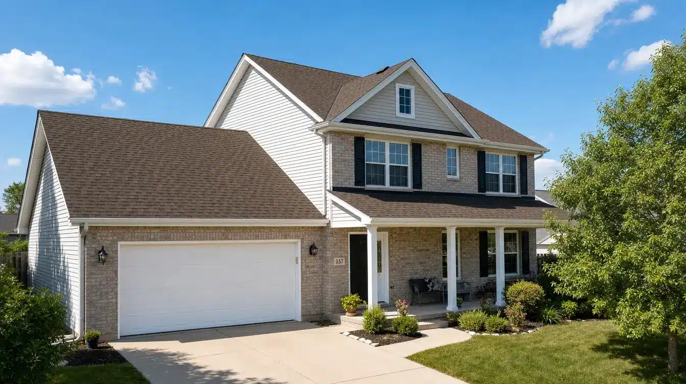 Two-story suburban home with brick veneer, attached two-car garage, front porch, and landscaped yard under a blue sky.