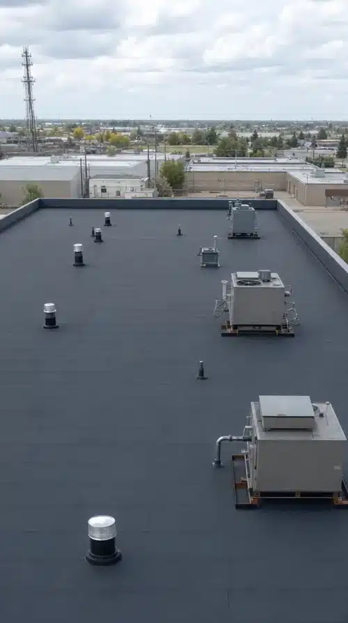 Flat rooftop with several industrial HVAC units and vents; cityscape in the distance under a cloudy sky.