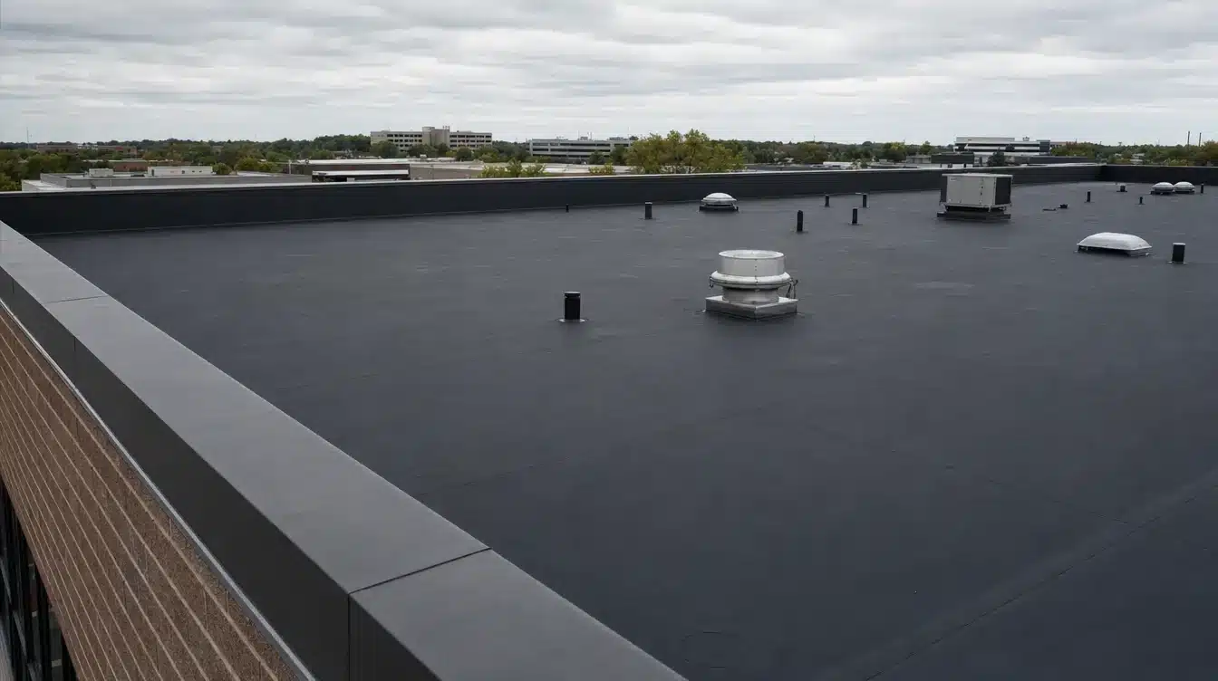 Flat, dark rooftop with vent stacks and dome skylights, cityscape in the distance under a cloudy sky.