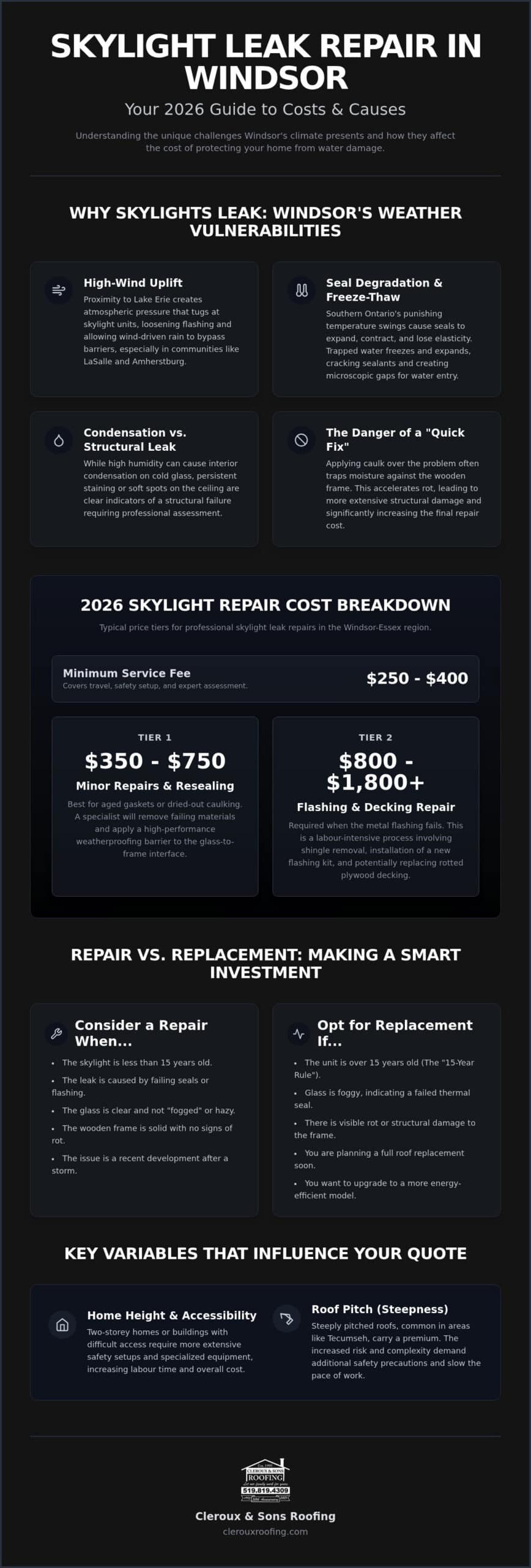 Skylight Leak Repair Cost in Windsor: 2026 Homeowner’s Price Guide